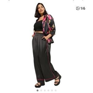 Torrid Wide Leg High-Rise Pull-On Satin Pants in black pink piping 0/L formal